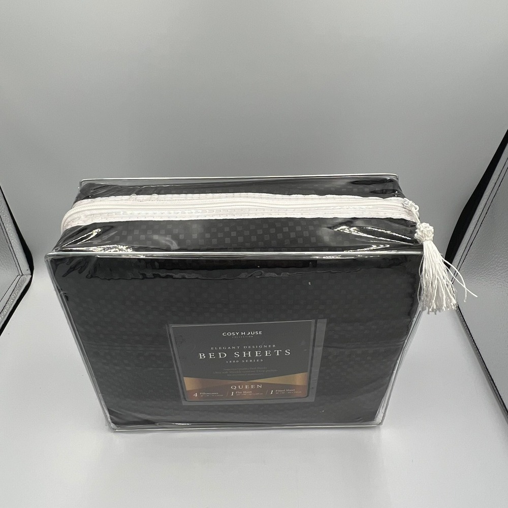Cosy House Queen Bed Sheets Black Checkered Dots 1800 Series 6pc Set New - Picture 4 of 6